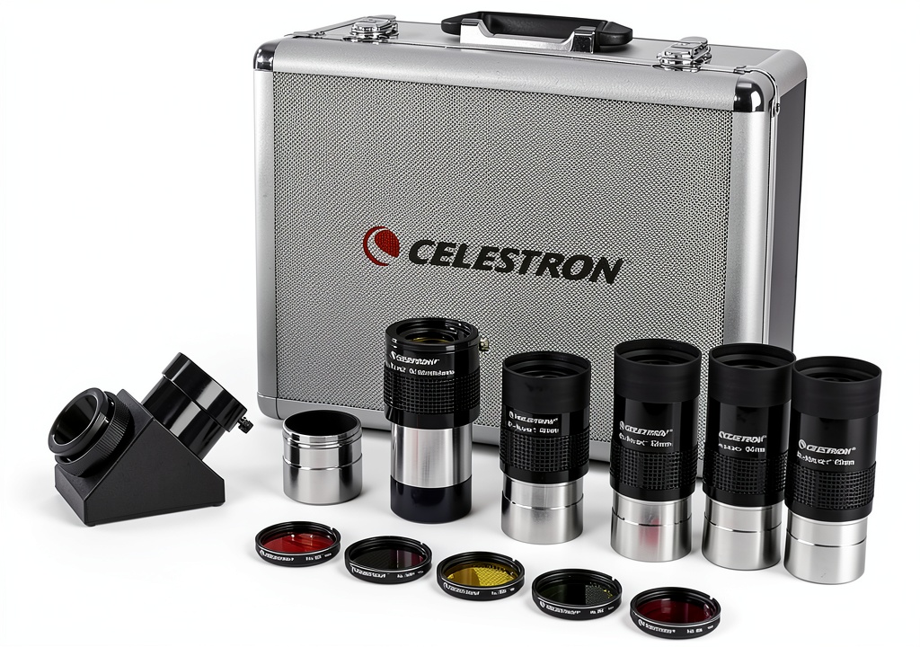 Celestron eyepiece kit laid out with case open showing eyepieces and filters